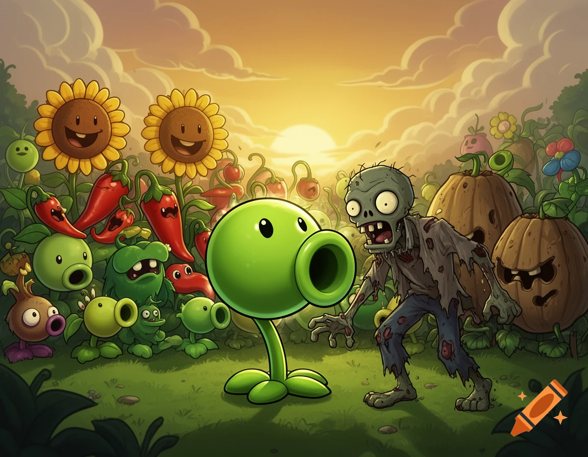 A cartoon scene with a green Pea Shooter plant facing a zombie, surrounded by other plants like smiling sunflowers, peppers, and pumpkins, against a sunset sky.