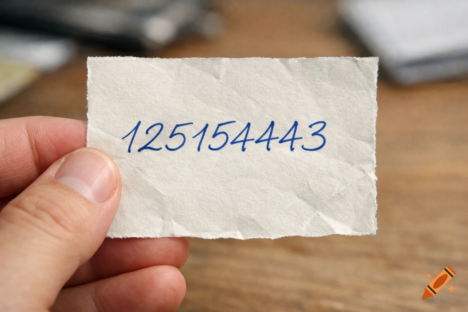 A hand holds a crumpled piece of white paper with the handwritten number "125154443" in blue ink.