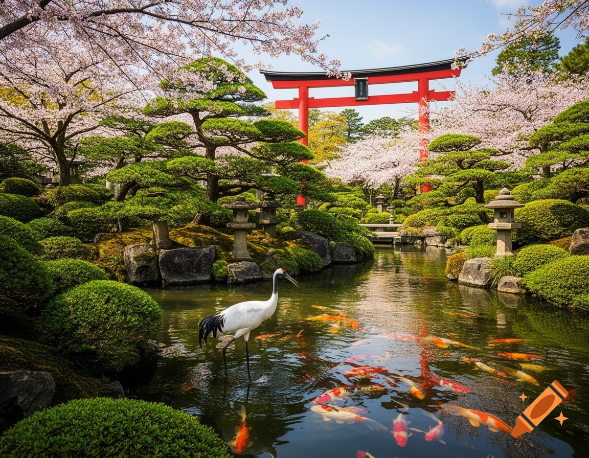 A serene Japanese garden with a red torii gate, cherry blossoms, a pond filled with koi fish, and a white crane.
