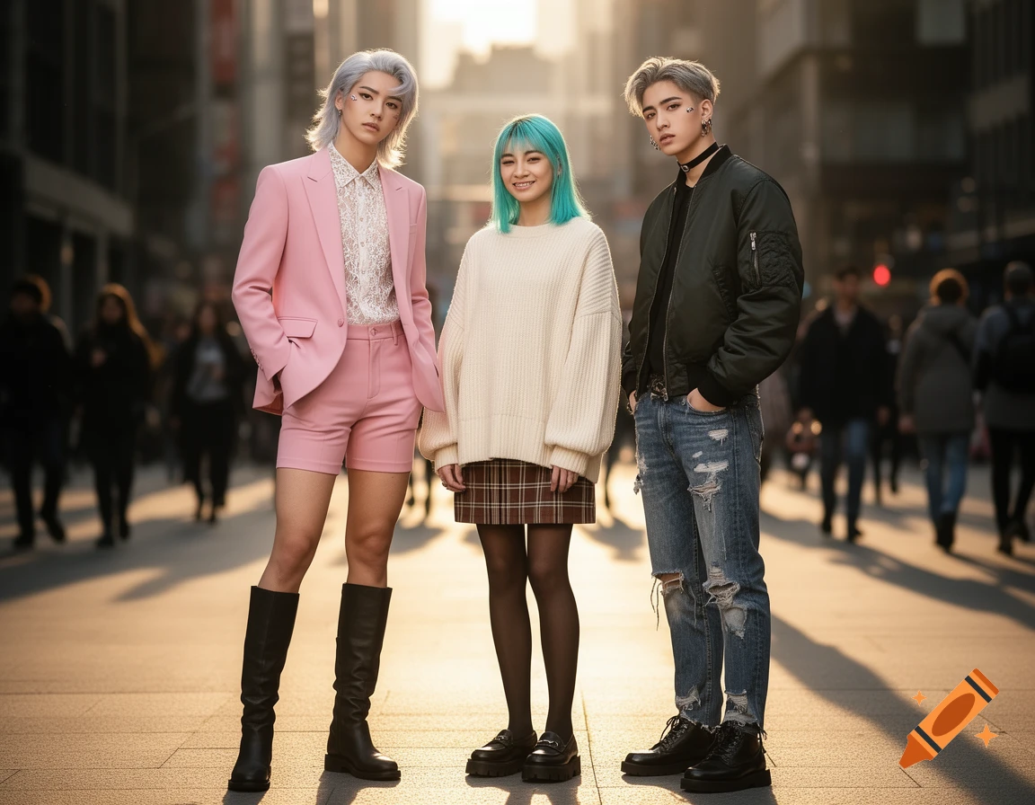 Three stylish people in trendy outfits pose on a city street at sunset.
