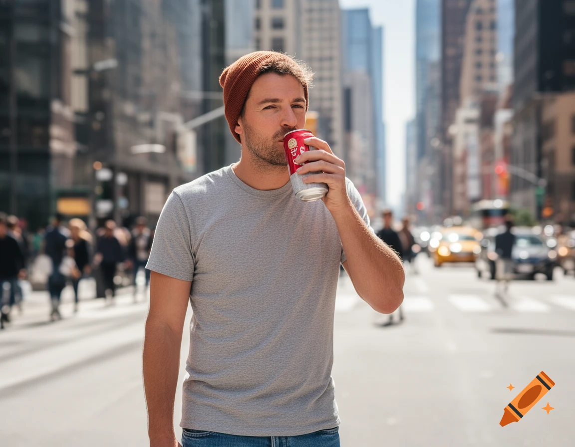 A man in a beanie and t-shirt drinks from a soda can while standing on a busy city street.
