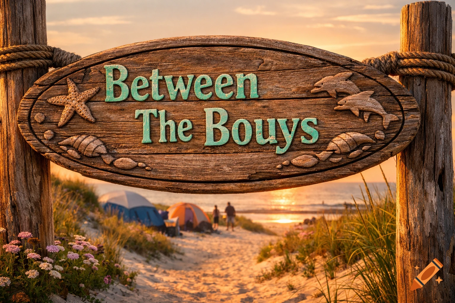 A rustic wooden sign reading 'Between The Bouys' on a sandy beach with tents at sunset, photorealistic style.