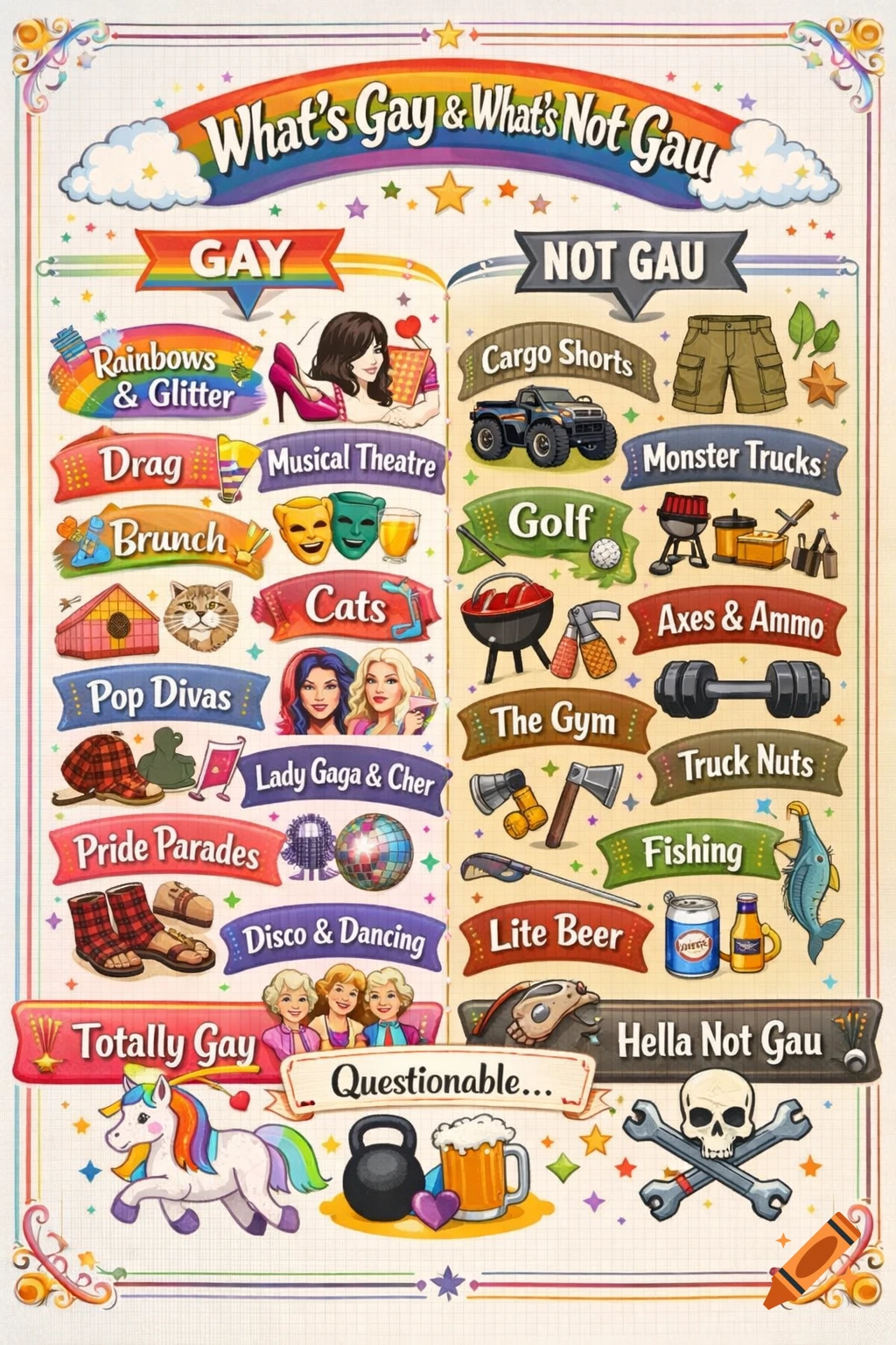A colorful, cartoon chart titled "What's Gay & What's Not Gau," categorizing items into various stereotypes.