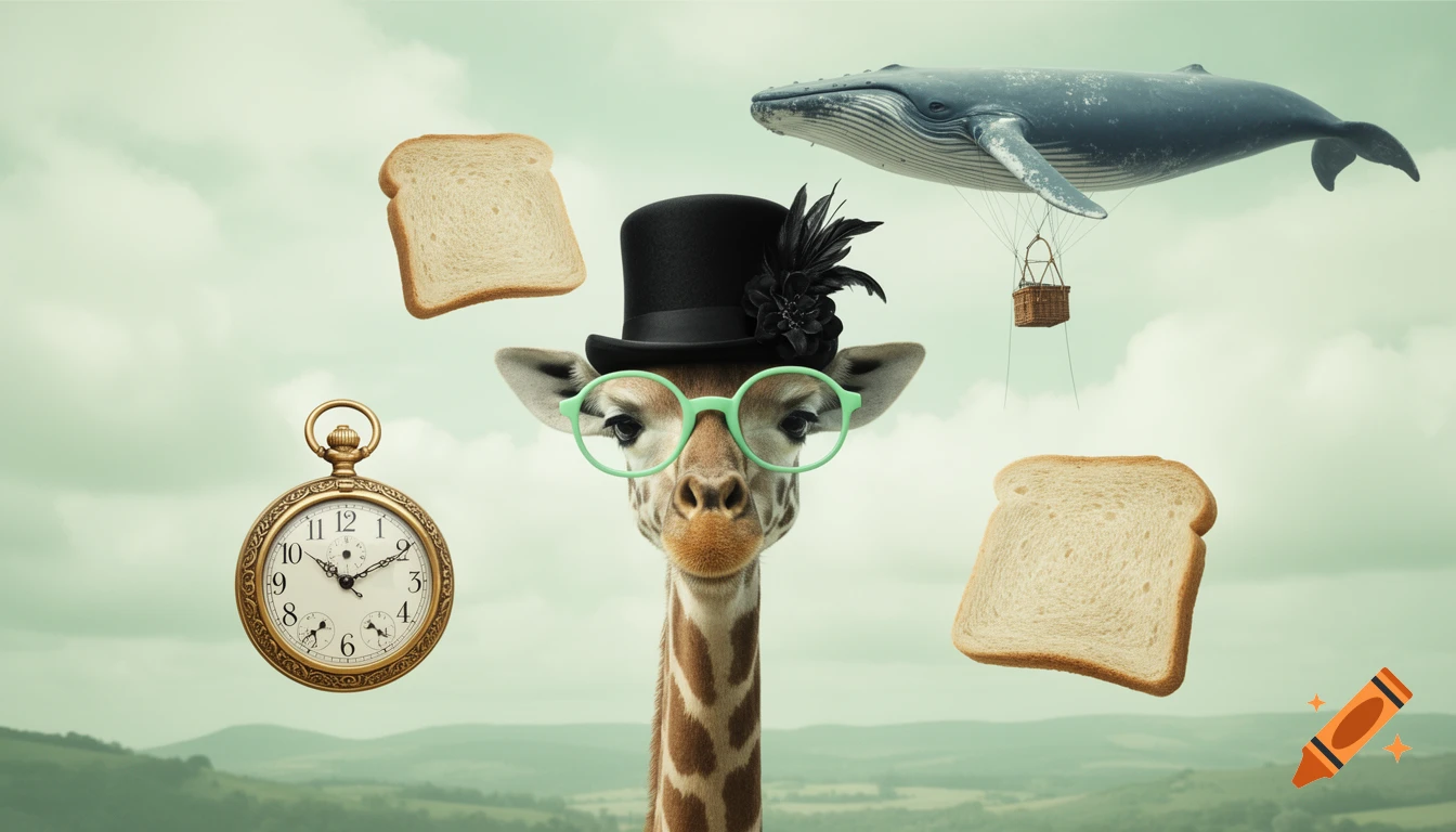 A whimsical, photorealistic image of a giraffe wearing mint green glasses and a top hat, surrounded by floating bread slices, a levitating pocket watch, and a whale-hot air balloon in a cloudy, dreamlike landscape.