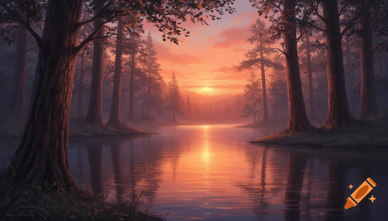 A serene digital painting of a forest lake reflecting a glowing orange and pink sunset sky, with tall trees silhouetted along the banks.