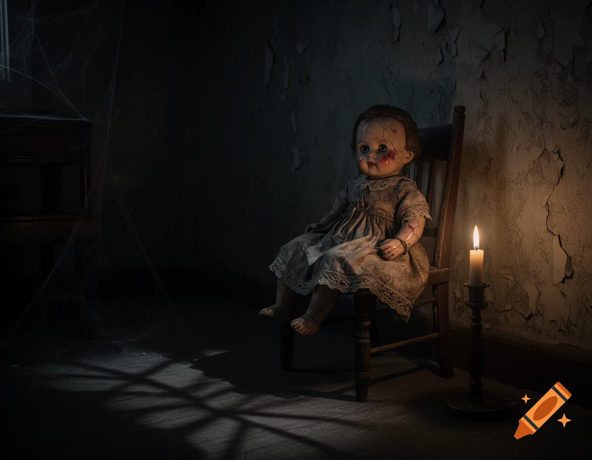 A scary, cracked doll with a red mark on its face sits on a wooden chair in a dark, cobwebbed room, lit by a single candle.