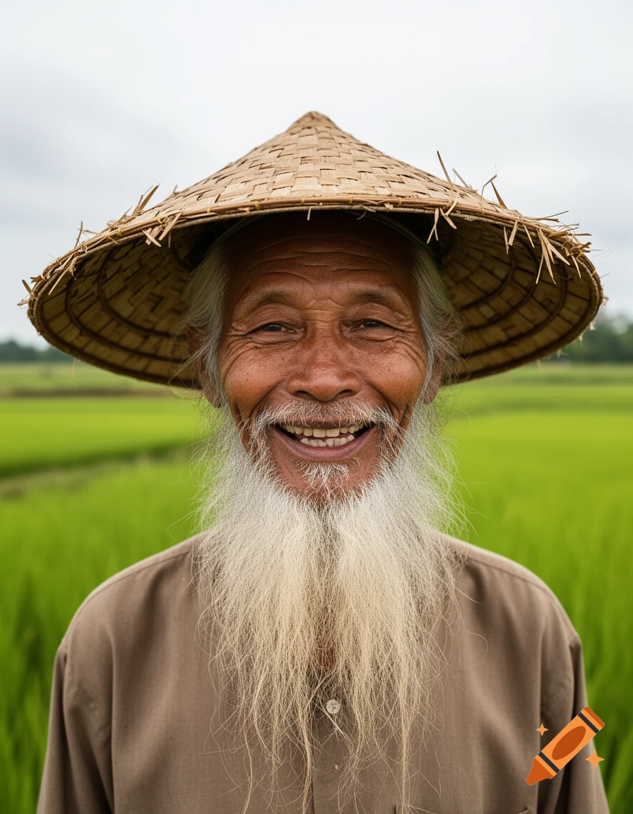 A smiling old man with a long white beard and a conical straw hat stands in a green rice field.