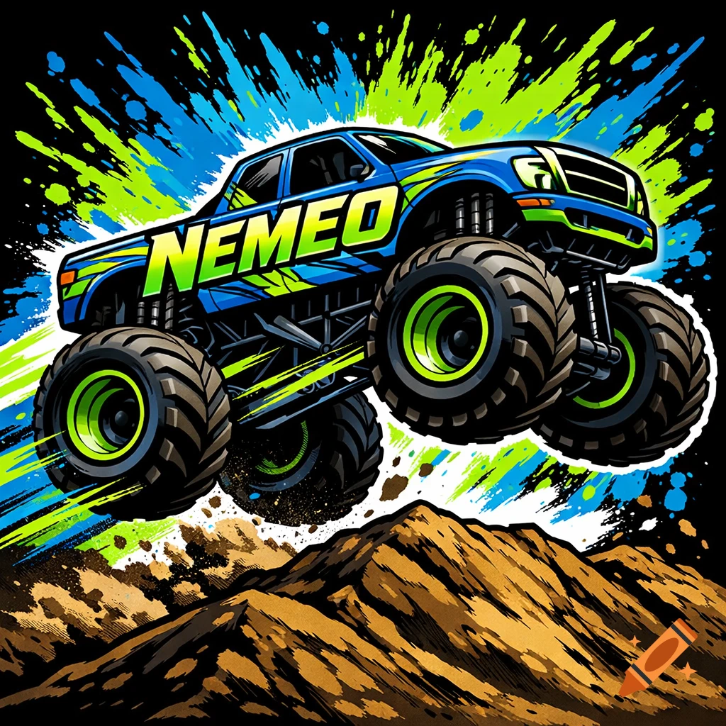 A vibrant blue and neon green monster truck with 'NEMEO' on its side, jumping over dirt hills with explosive paint splatters in a comic book style.