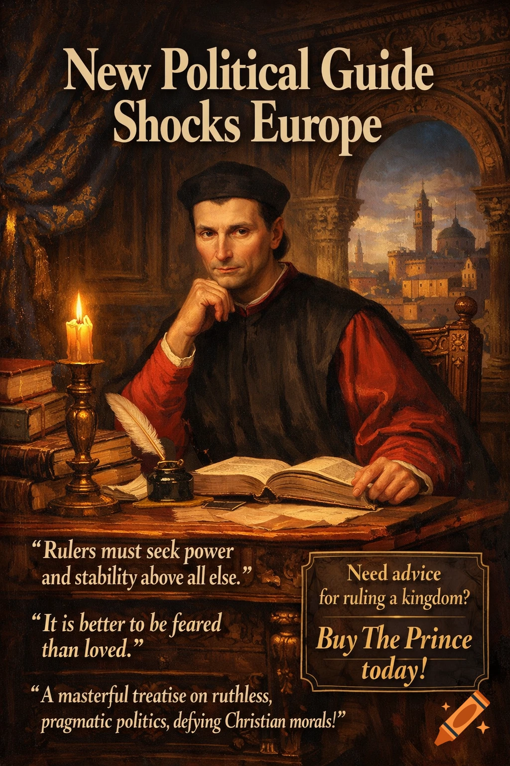 A classical painting depicts Niccolò Machiavelli, a man with a serious expression, sitting at a desk with books, a quill, and a lit candle. Text announces a "New Political Guide Shocks Europe" and quotes from "The Prince".