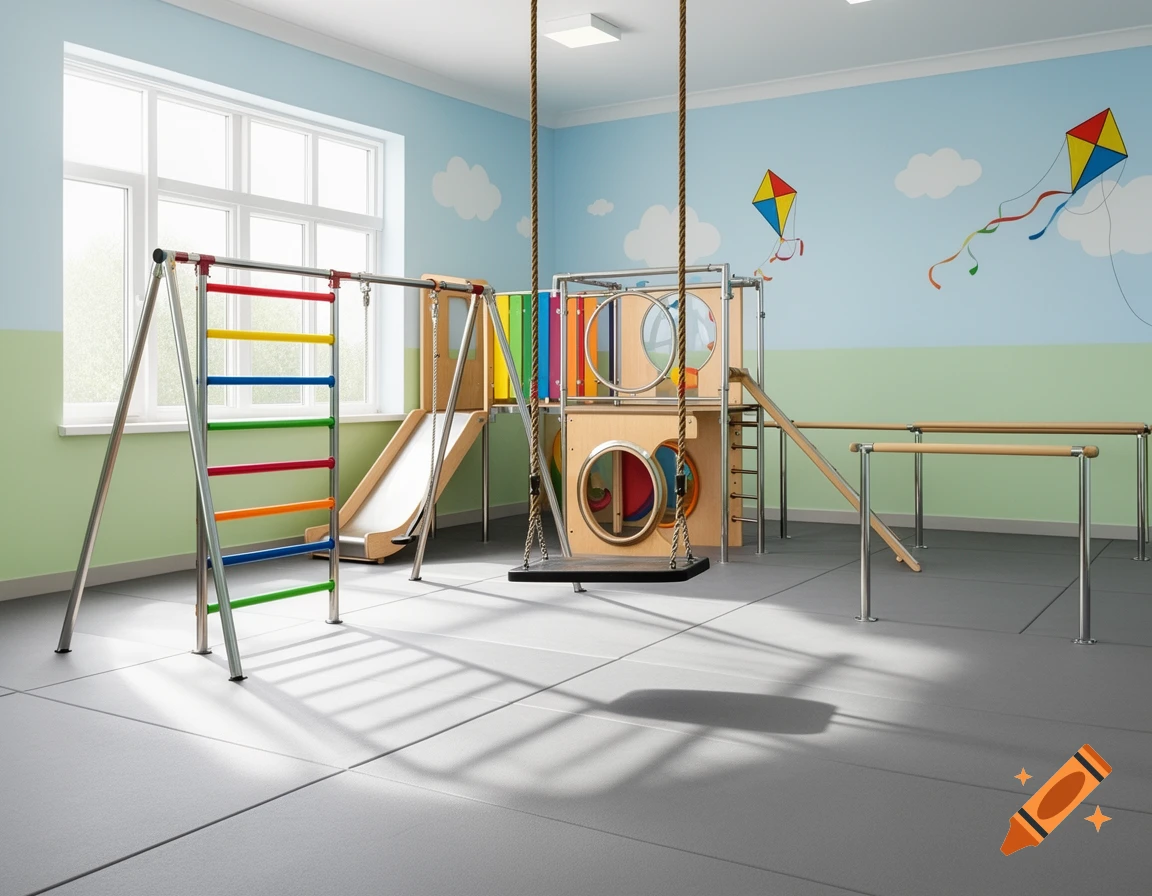 An indoor children's play area with monkey bars, a swing, a play structure, slides, and parallel bars against painted walls.