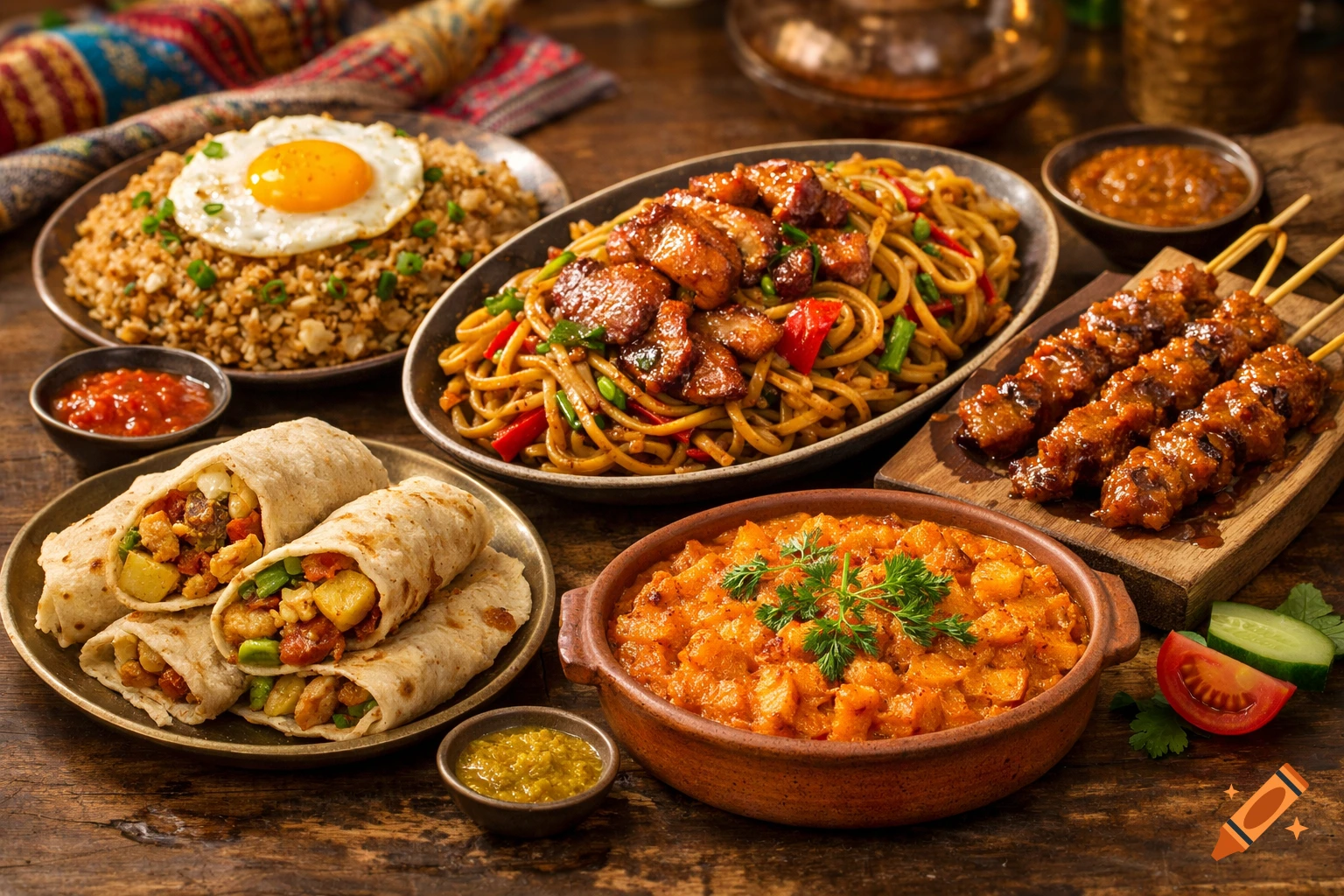 A photorealistic display of various Surinamese dishes including fried rice, noodles, skewers, burritos, and stew, arranged on a rustic wooden table.