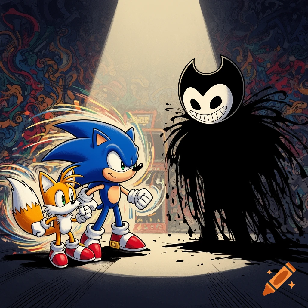 Sonic and Tails stand ready to fight Bendy the Ink Demon in a stylized, dark room with colorful graffiti.