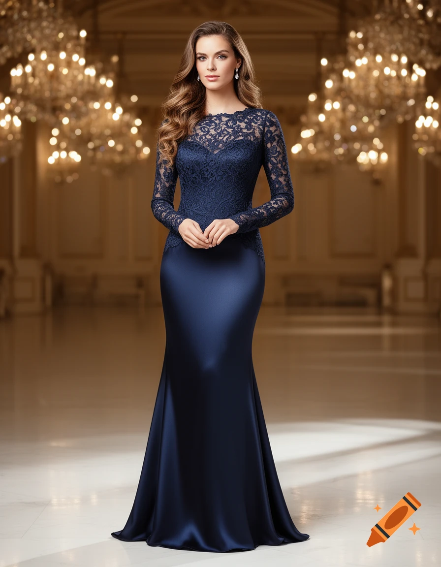 A woman in a long-sleeved navy blue lace and satin mermaid gown stands in an elegant ballroom with sparkling chandeliers.