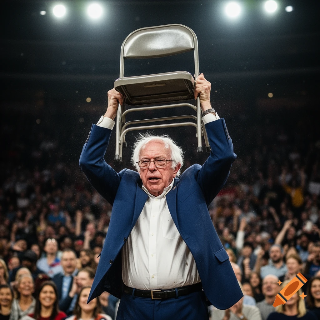Bernie Sanders holds a steel folding chair over his head in front of a cheering crowd at a political event.
