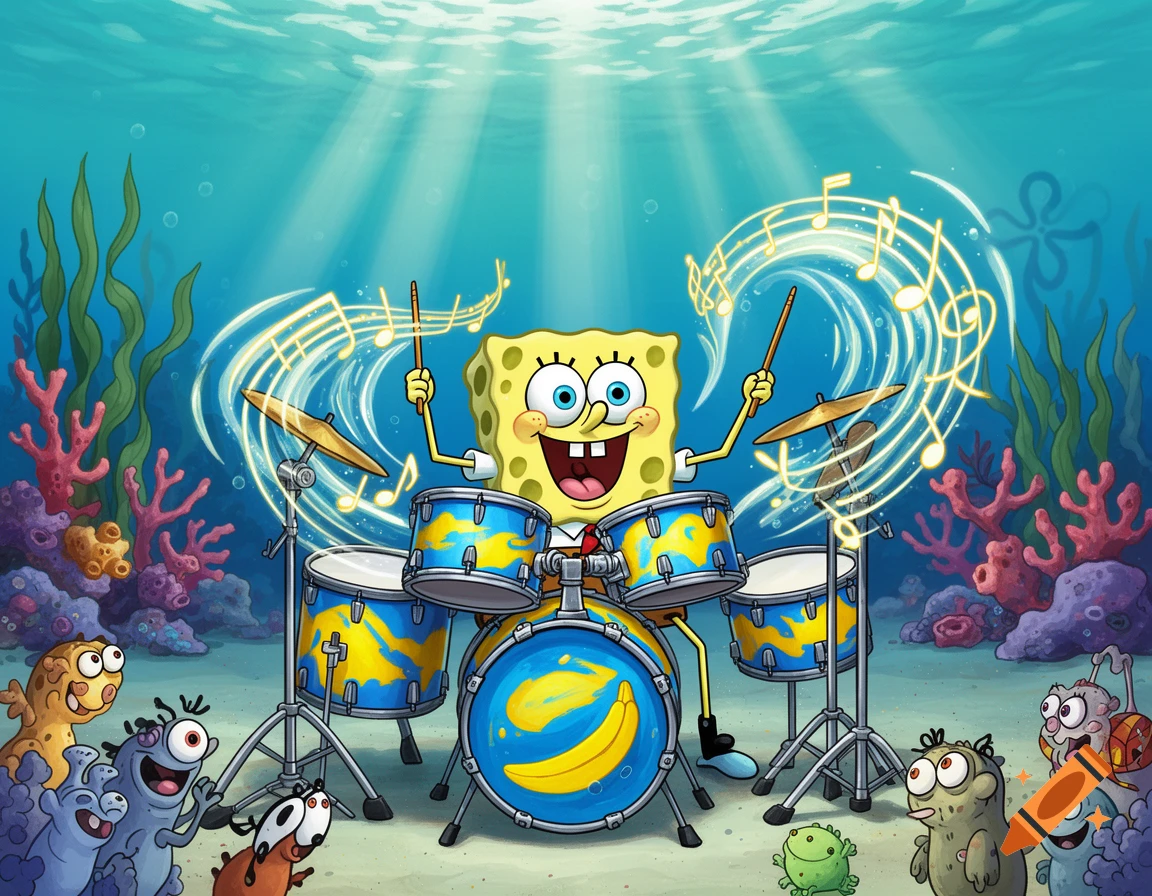 SpongeBob SquarePants happily plays a drum set underwater, surrounded by glowing musical notes and various sea creatures watching.