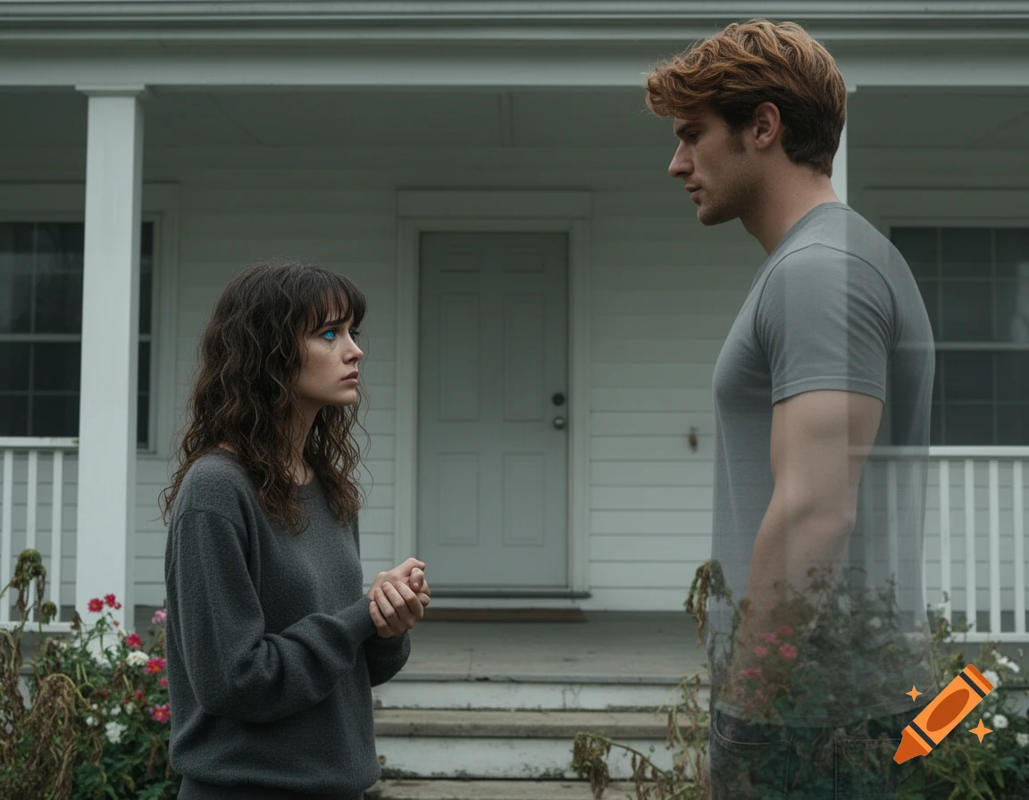 A woman with glowing blue eyes stands distressed on a porch, facing a translucent man who appears to be fading away.