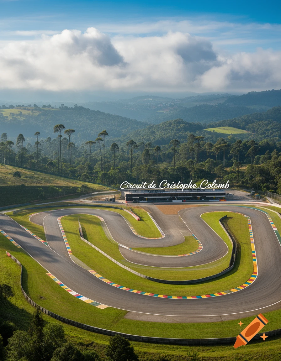 Aerial view of a winding race track with colorful markings, surrounded by green hills and tall trees under a partly cloudy sky.
