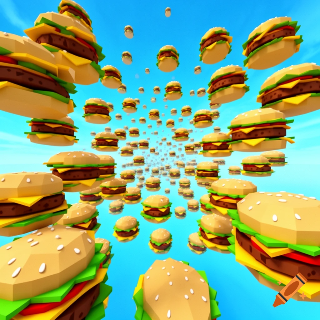 Many low-poly Roblox-style burgers float in an infinite expanse against a bright blue sky.
