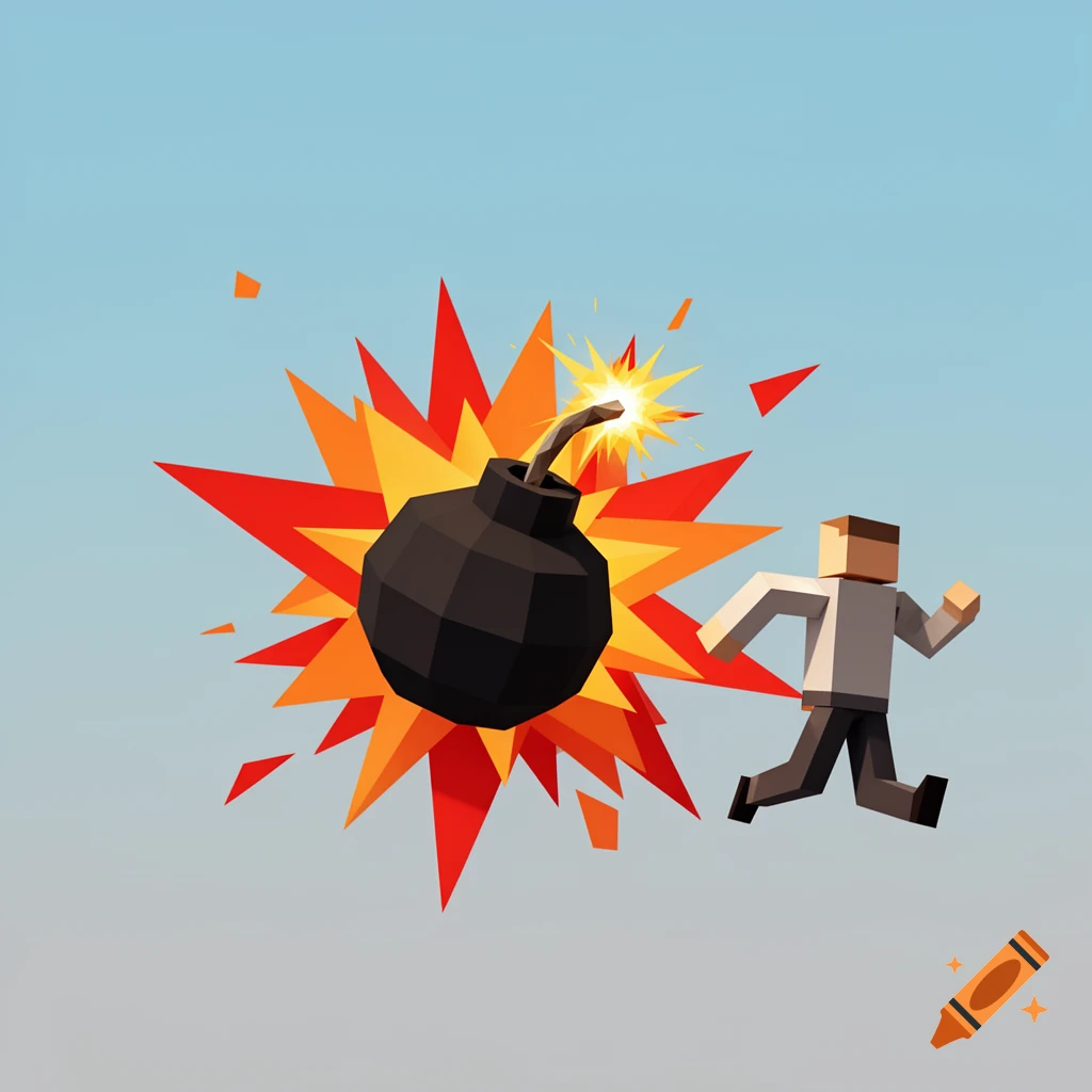 A low-poly, blocky character runs away from an exploding bomb against a light blue background.