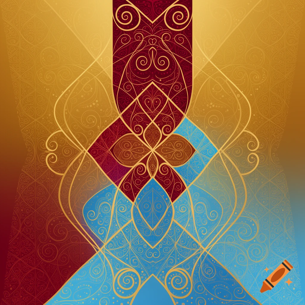 Ornate abstract pattern with a symmetrical central motif, featuring swirling gold lines on fields of maroon, gold, and blue, in a Klimt-like decorative style.