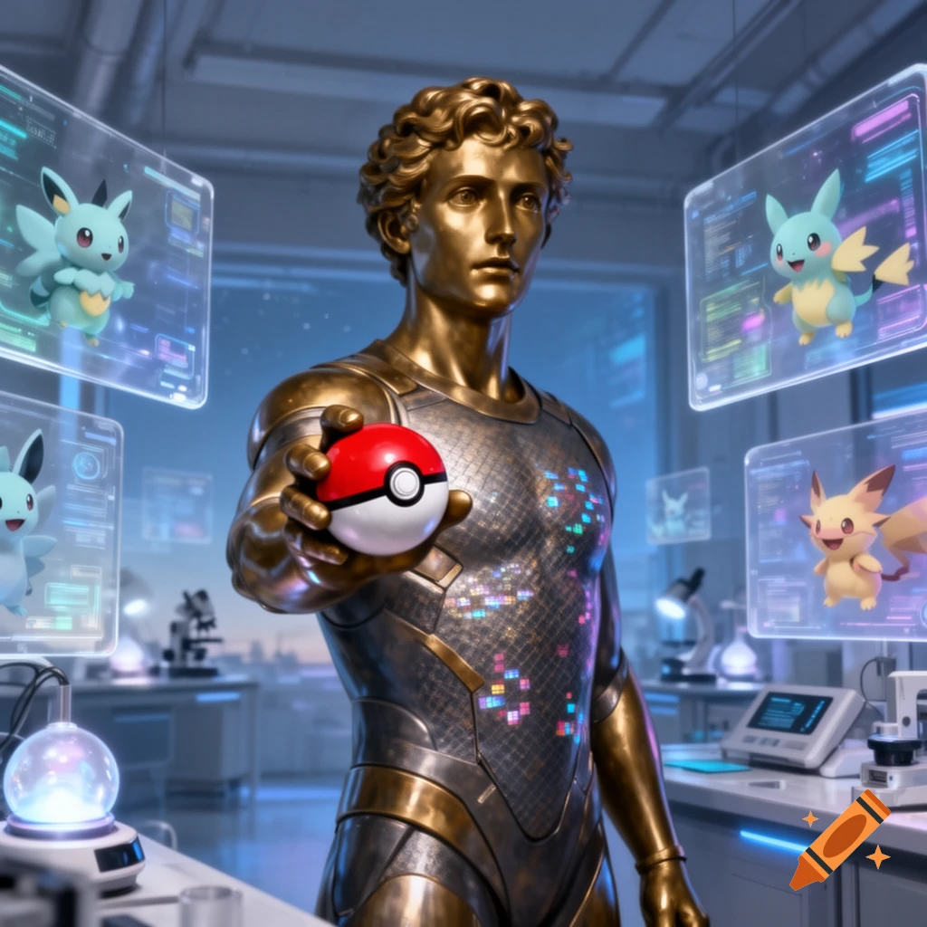 A gold and bronze statue-like man holds a Pok escience lab, surrounded by holographic screens displaying cartoon Pok mon.