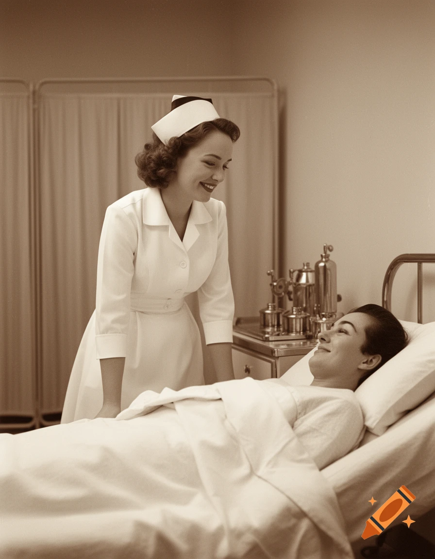 A sepia-toned vintage photo of a smiling nurse in a white uniform standing next to a patient lying in a hospital bed.