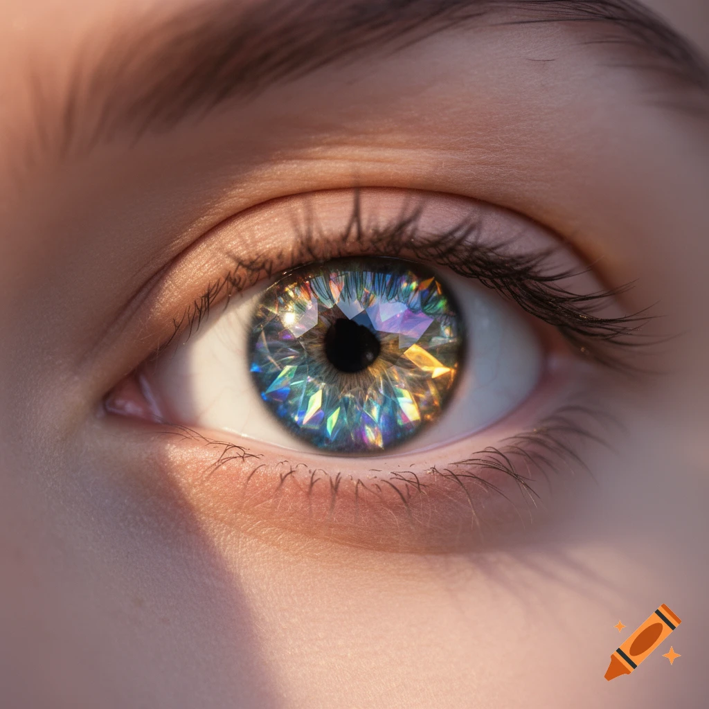Close-up of a human eye with a multi-faceted, colorful prism-like iris.