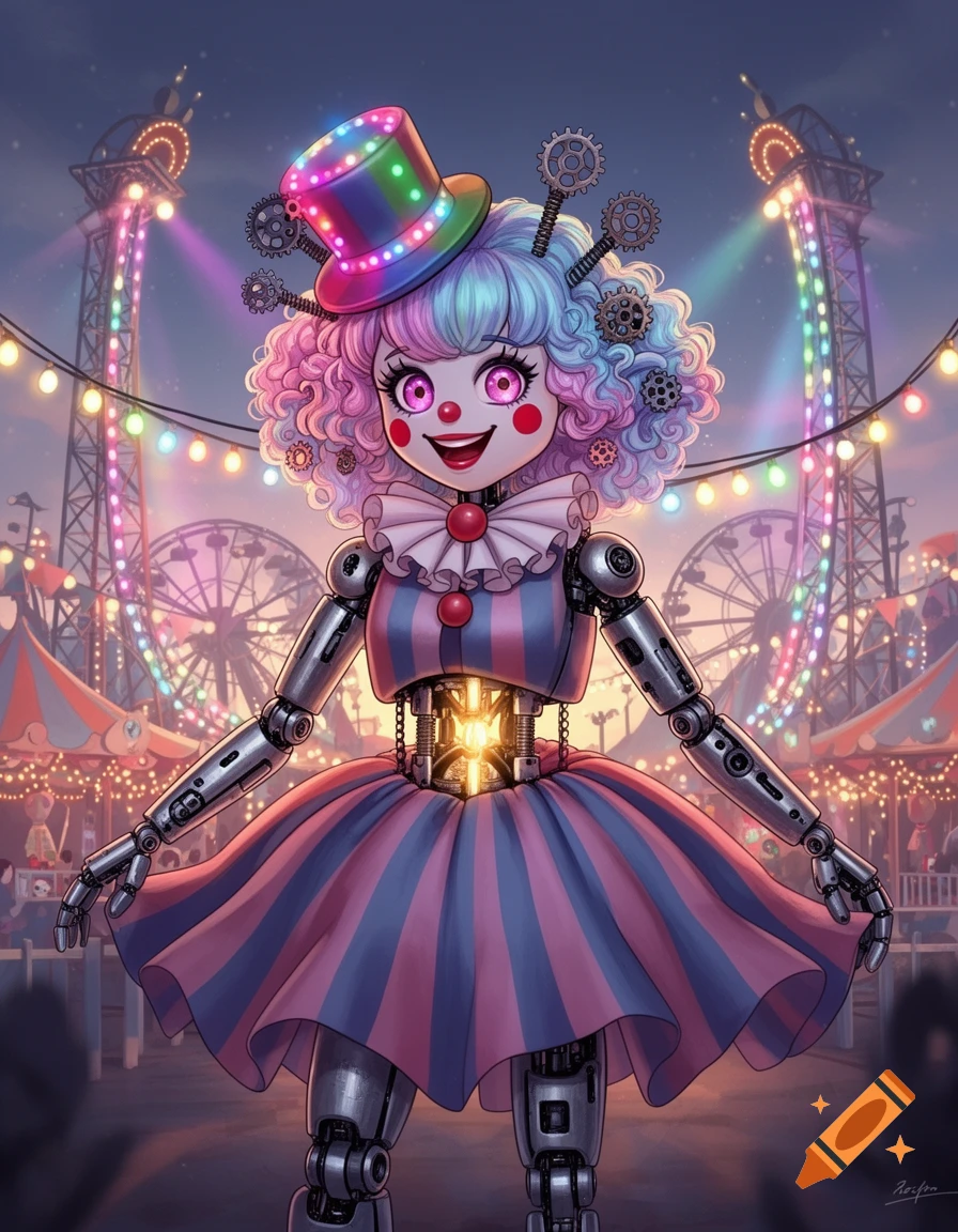 A colorful, cute robot clown girl with curly pink and blue hair and a light-up hat stands smiling at a vibrant carnival.