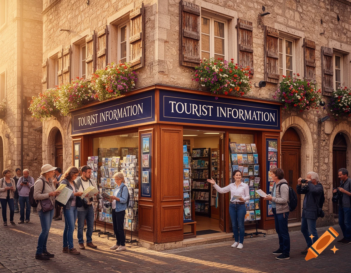 Photorealistic scene of tourists outside a "Tourist Information" office in an old European town, with stone buildings and flowers.