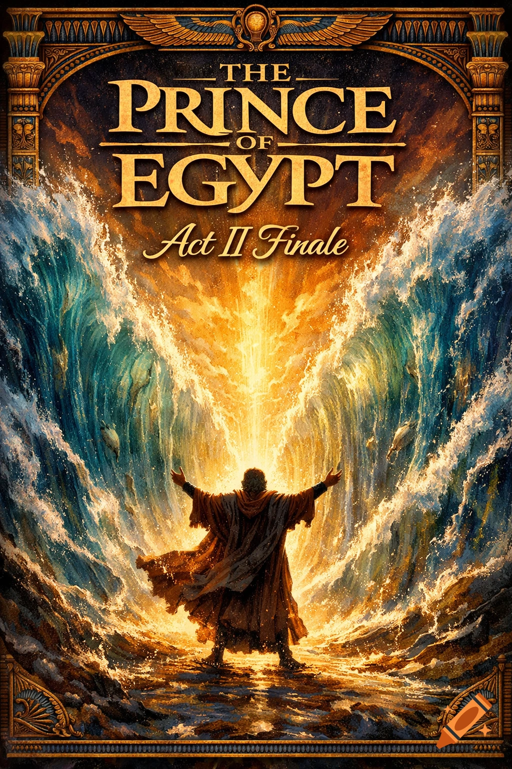 Epic poster for 'The Prince of Egypt Act II Finale' showing Moses parting the Red Sea with golden light and crashing waves.