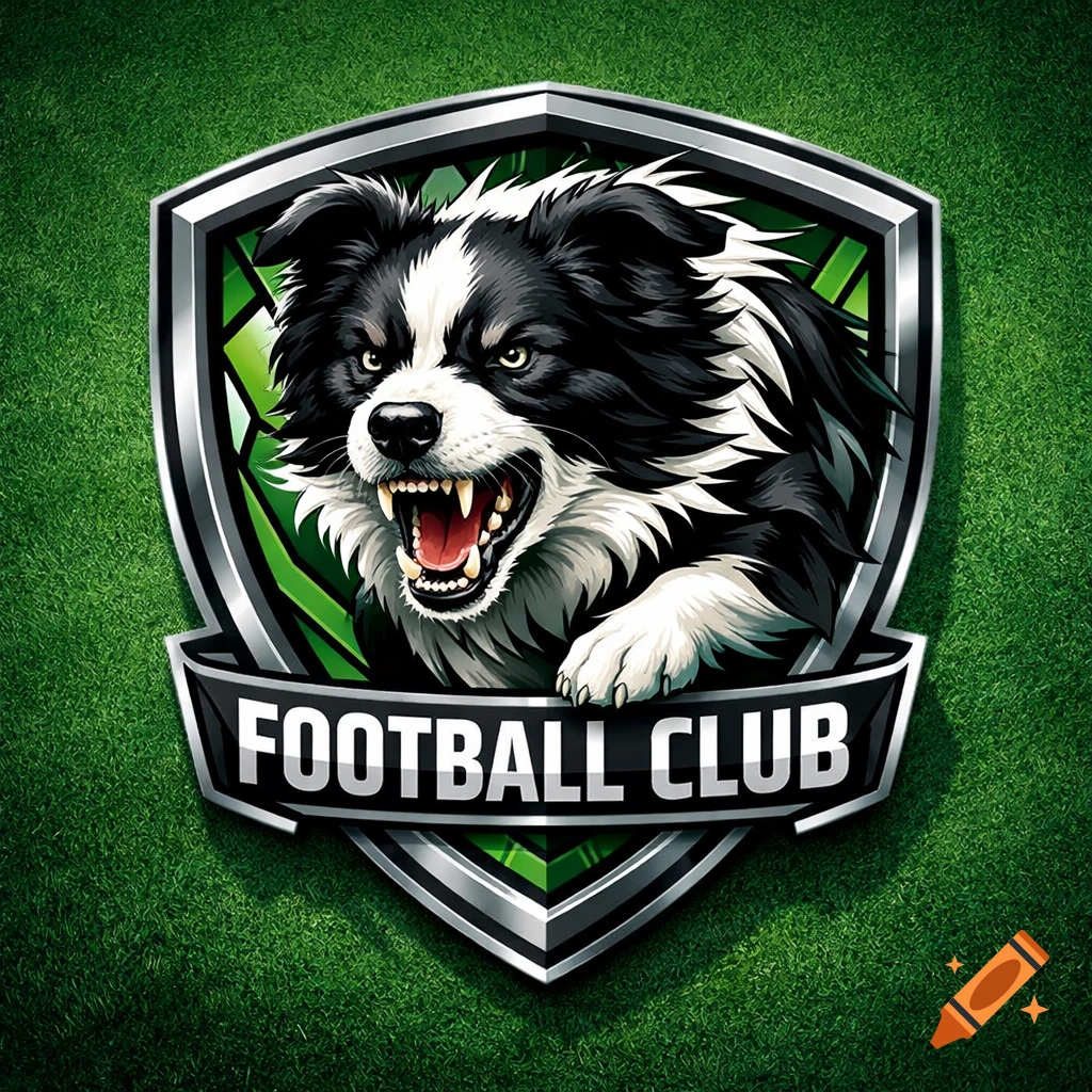 Stylized digital art logo of an enraged black and white Border Collie in a silver shield, with 'FOOTBALL CLUB' text below, on a green grass background.