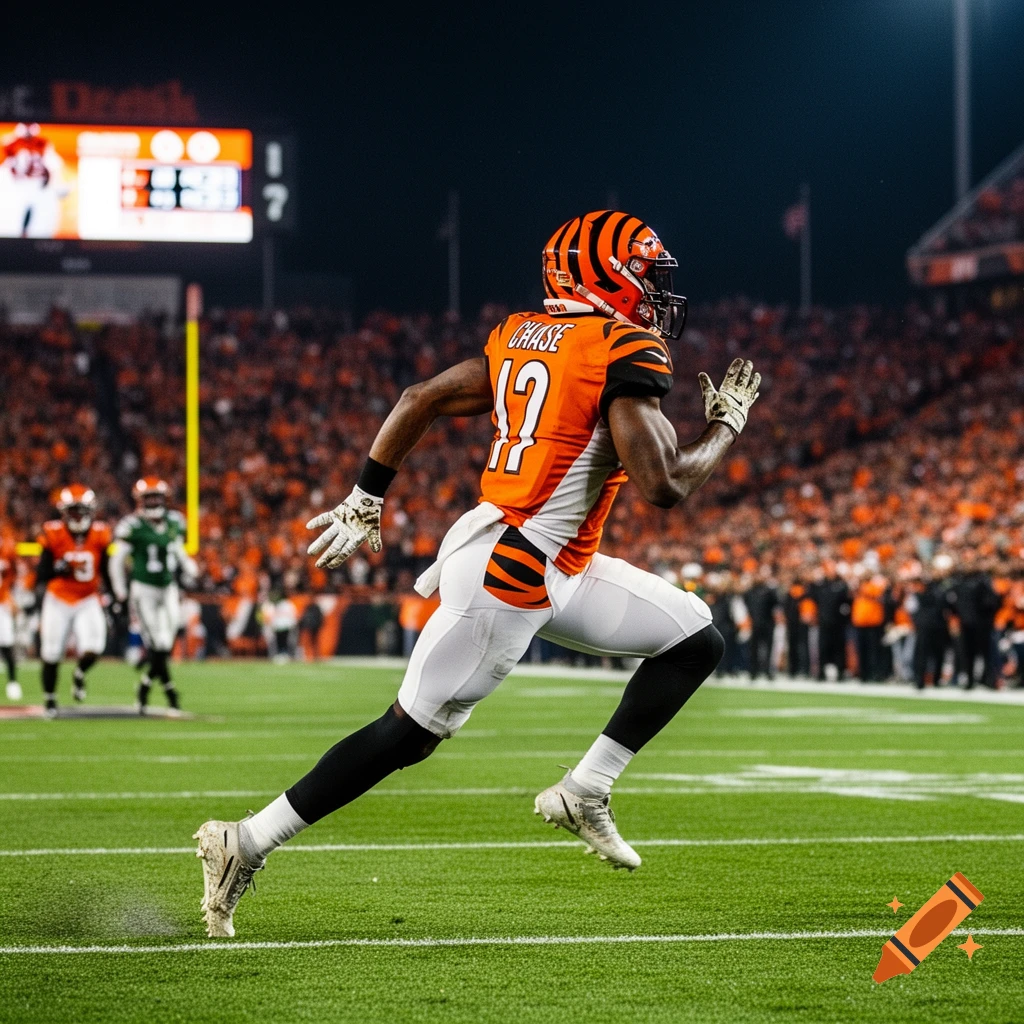 Football player in orange and black jersey with 'CHASE' and '17' on the back runs on a field at night.