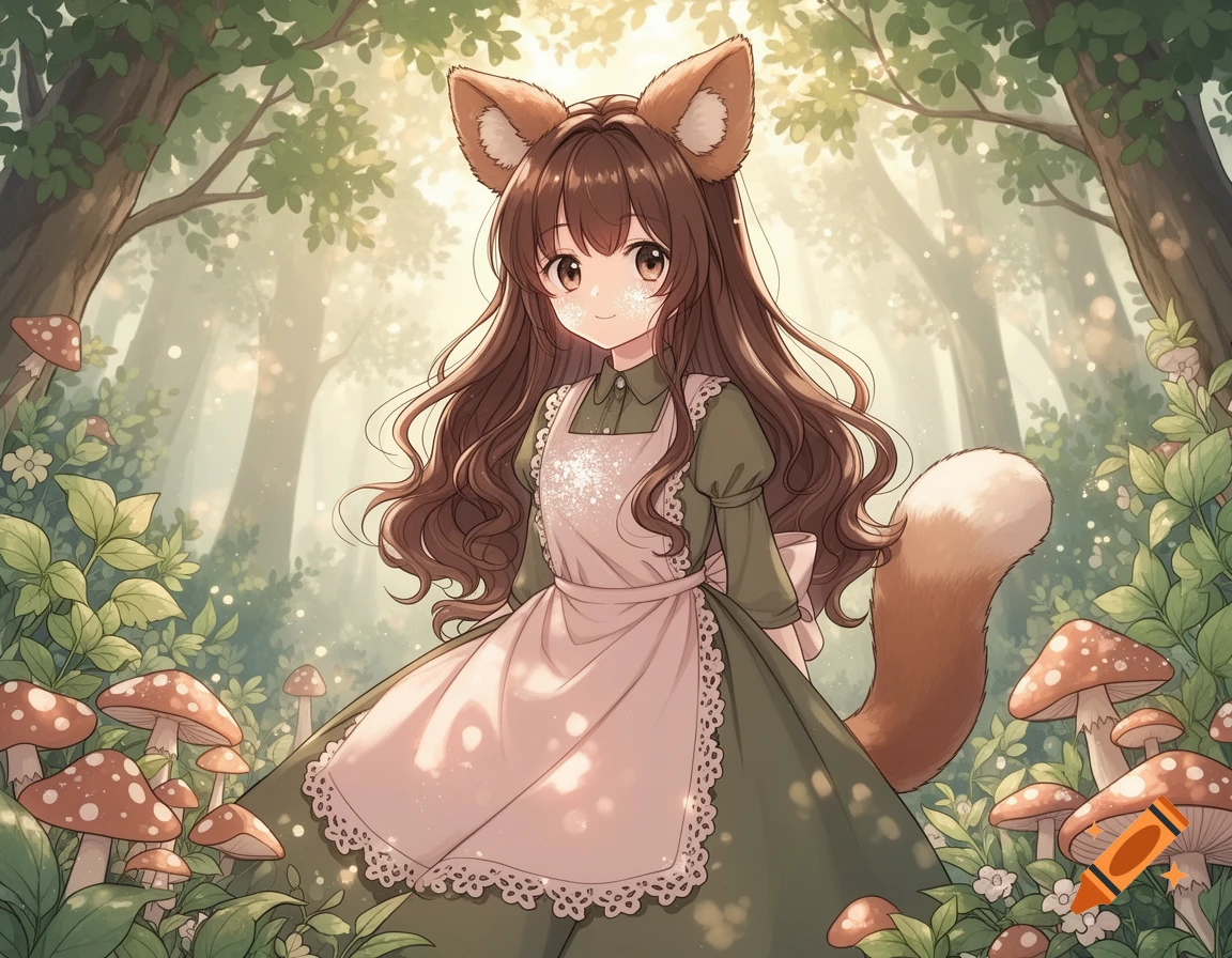 An anime fox girl with long brown hair, wearing a green dress and white apron, stands in an enchanted forest filled with mushrooms.