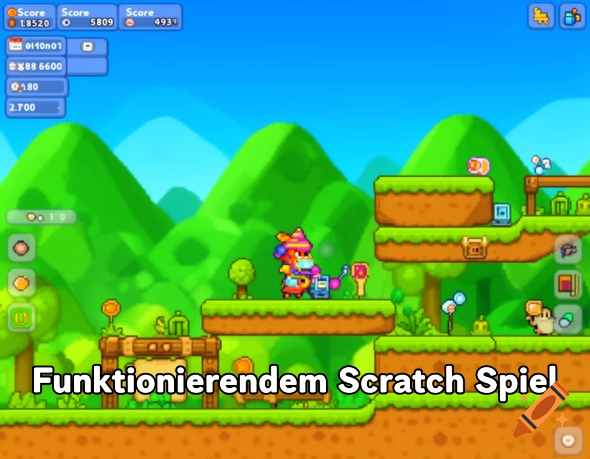 A colorful pixel art screenshot of a platformer video game with a character on a green platform, showing game UI elements.