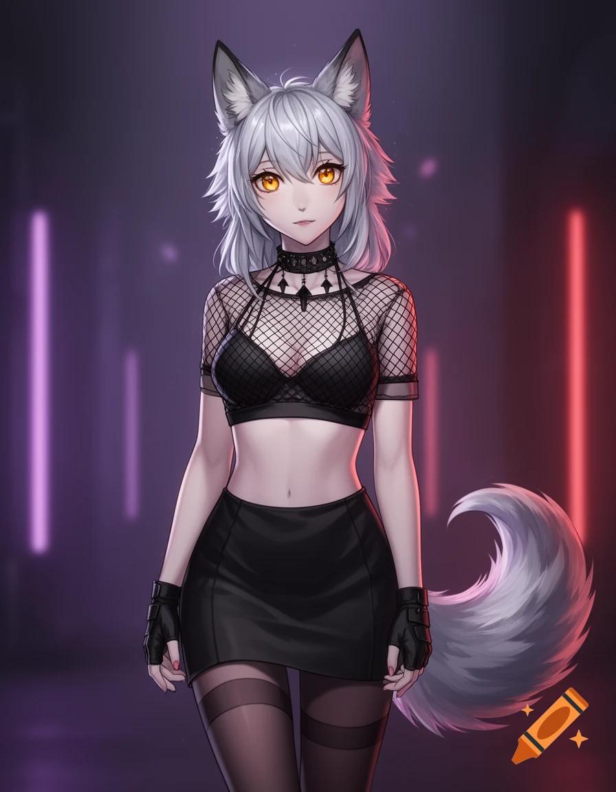 An anime anthro wolf girl with silver hair and amber eyes in gothic mesh top, black skirt, thigh-highs, and fingerless gloves, against neon lights.