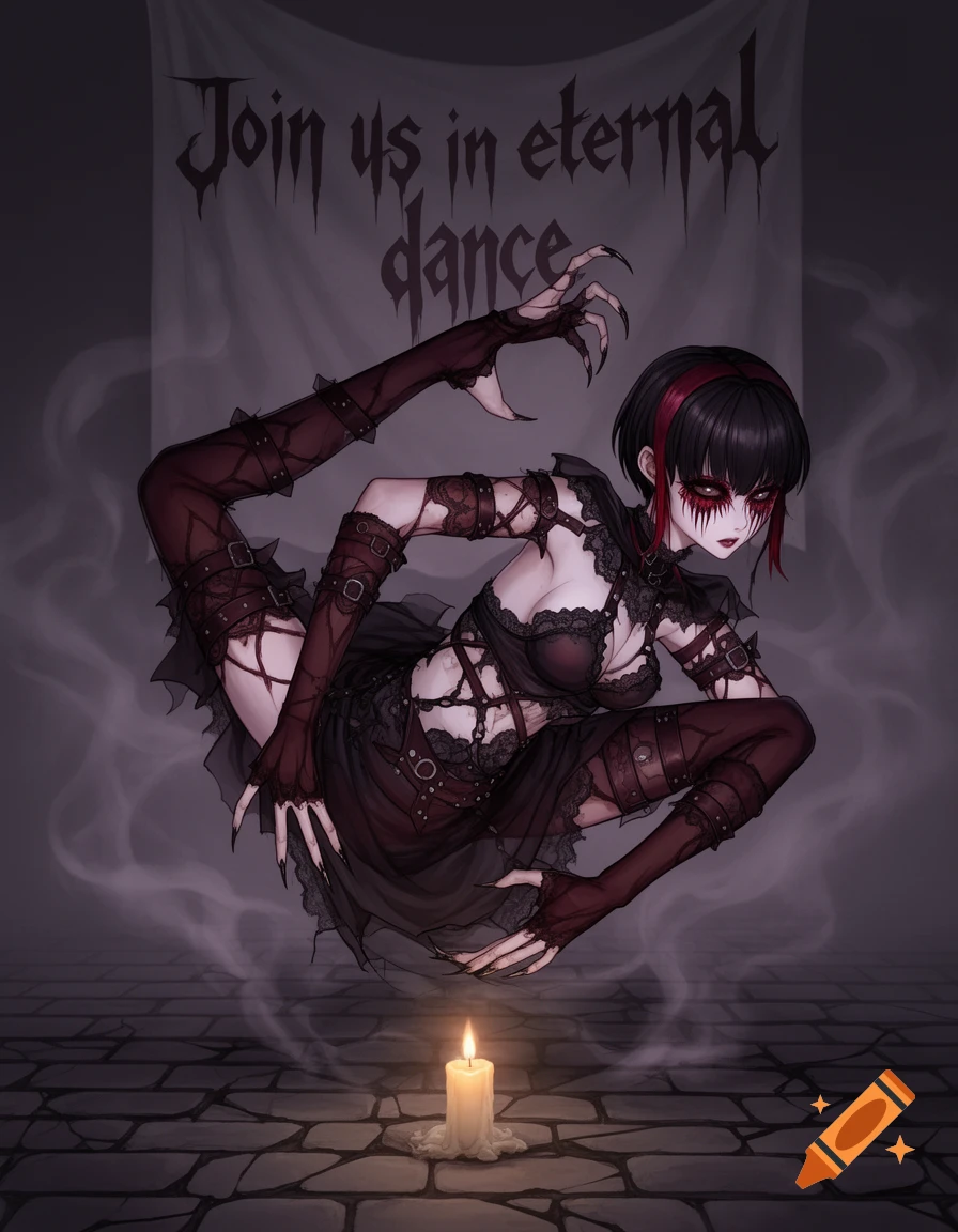 Anime-style goth monster contortionist with long claws, red eyes, and a banner reading 'Join us in eternal dance' above a candle.