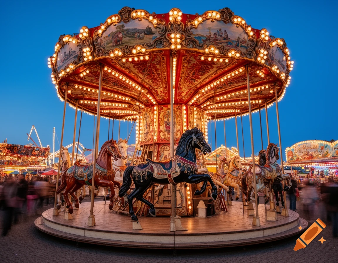A brightly lit carousel with ornate horses spins at a busy amusement park at twilight.