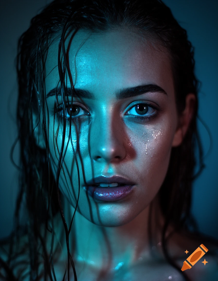 A hyper-realistic portrait of a woman with wet hair and glossy skin, illuminated by dramatic blue and cyan lighting, creating a moody atmosphere.