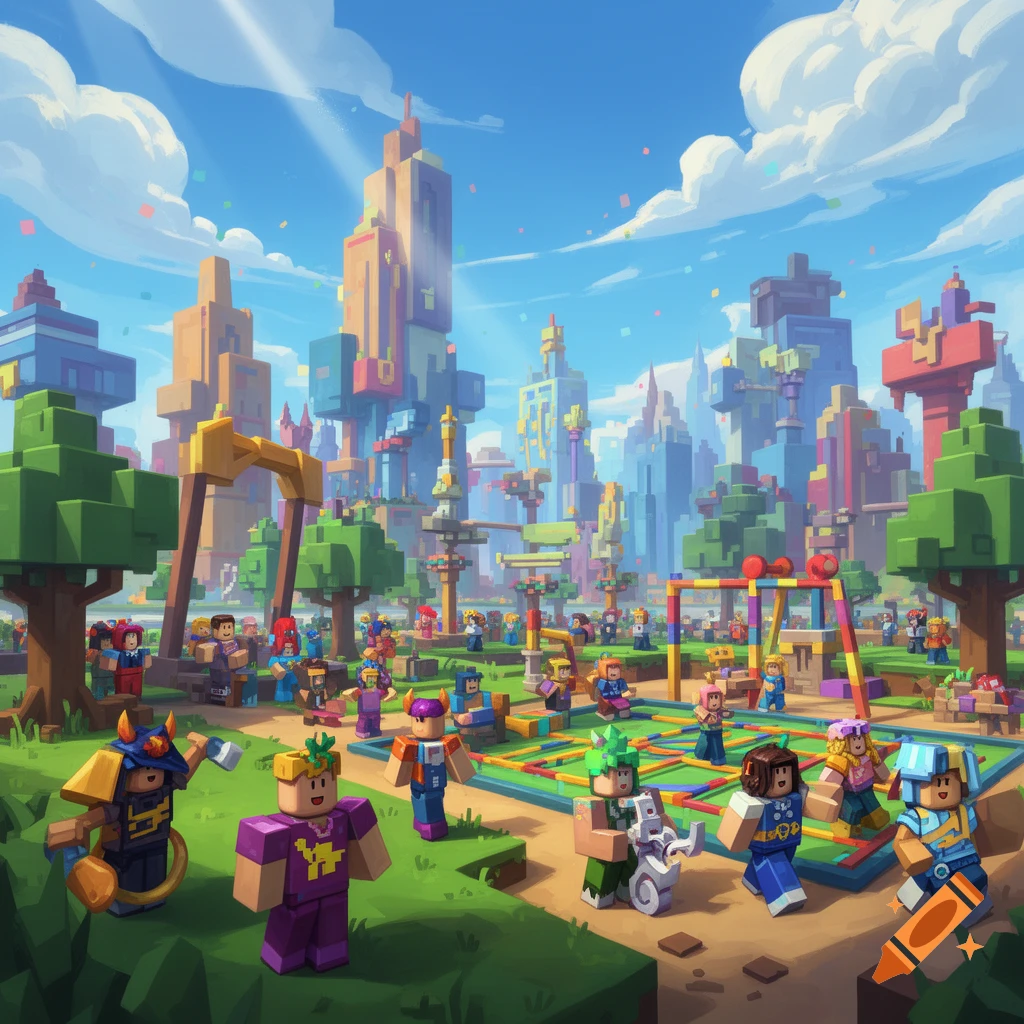 A vibrant block-style park scene with many diverse characters, playgrounds, and colorful block buildings under a sunny sky.
