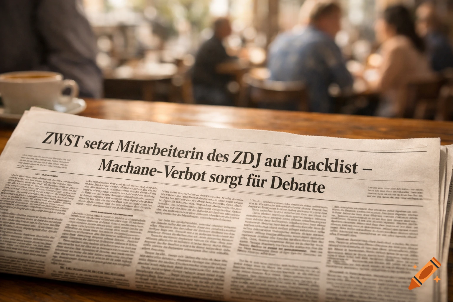 A newspaper with a German headline and blurry body text lies on a wooden table in a cafe, with blurred patrons in the background.