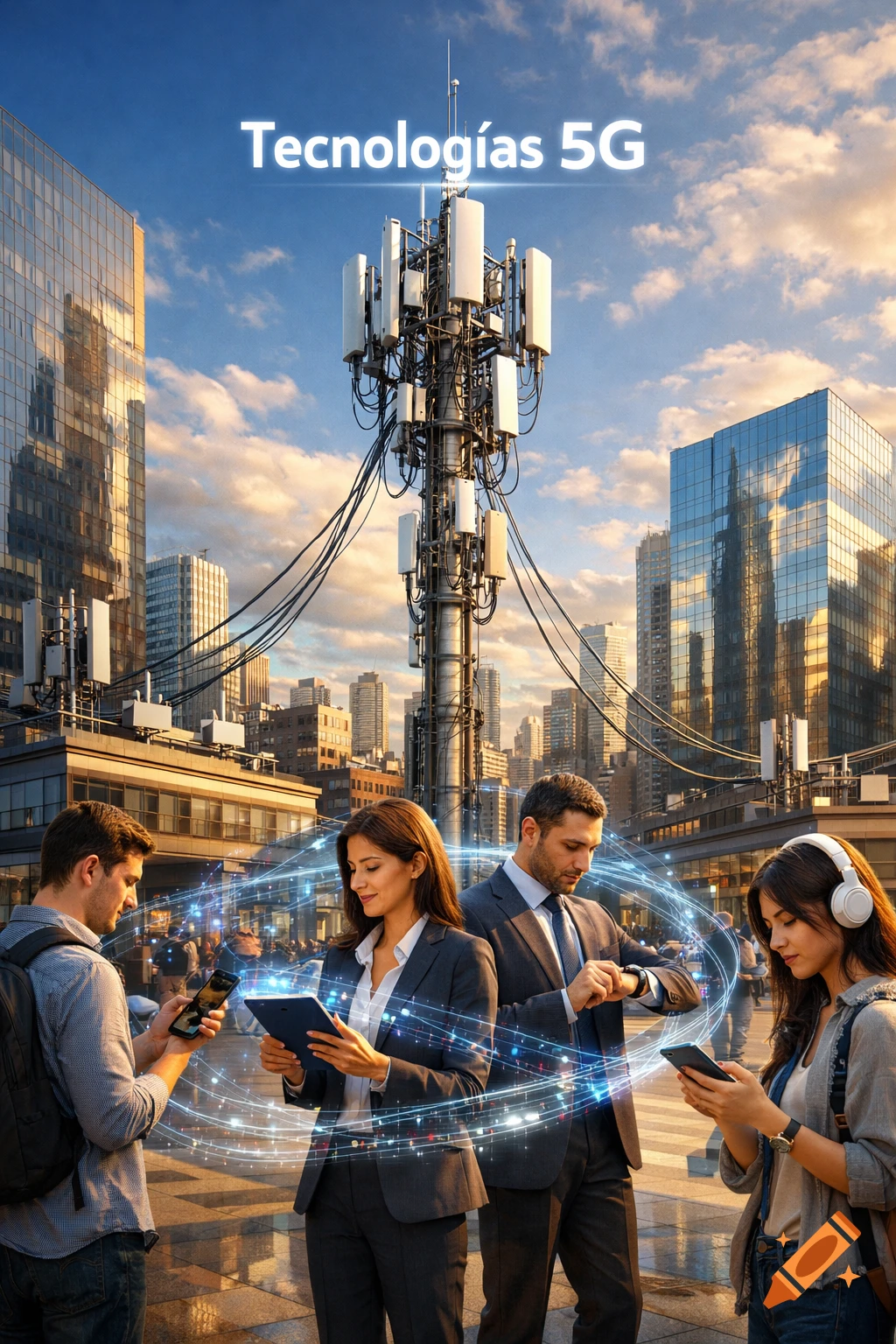 People in a city using mobile devices, connected by glowing data streams to a large 5G cell tower, under text 'Tecnolog ías 5G'.