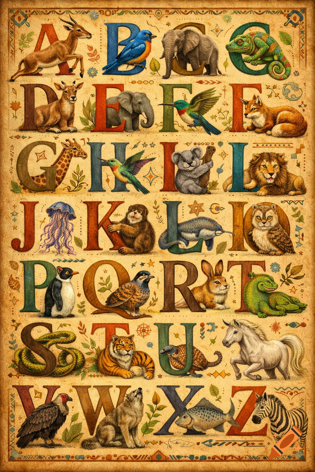 A vintage-style illustrated poster displaying the alphabet from A to Z, with each letter accompanied by a corresponding animal.