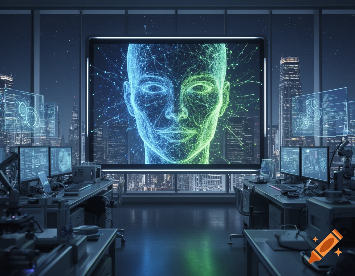 A large screen shows a blue and green wireframe human head in a futuristic lab overlooking a cityscape at night, with multiple computer monitors and holographic interfaces.