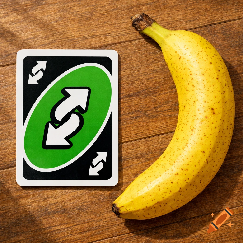 An Uno reverse card and a ripe banana lie on a wooden table.