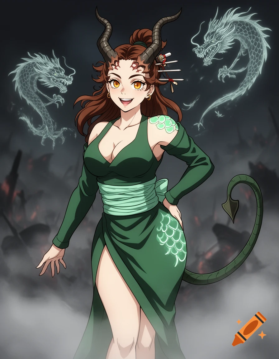 Anime demon woman with horns, tail, and amber eyes, wearing a green dress with a thigh-high slit, flanked by two spectral dragons.
