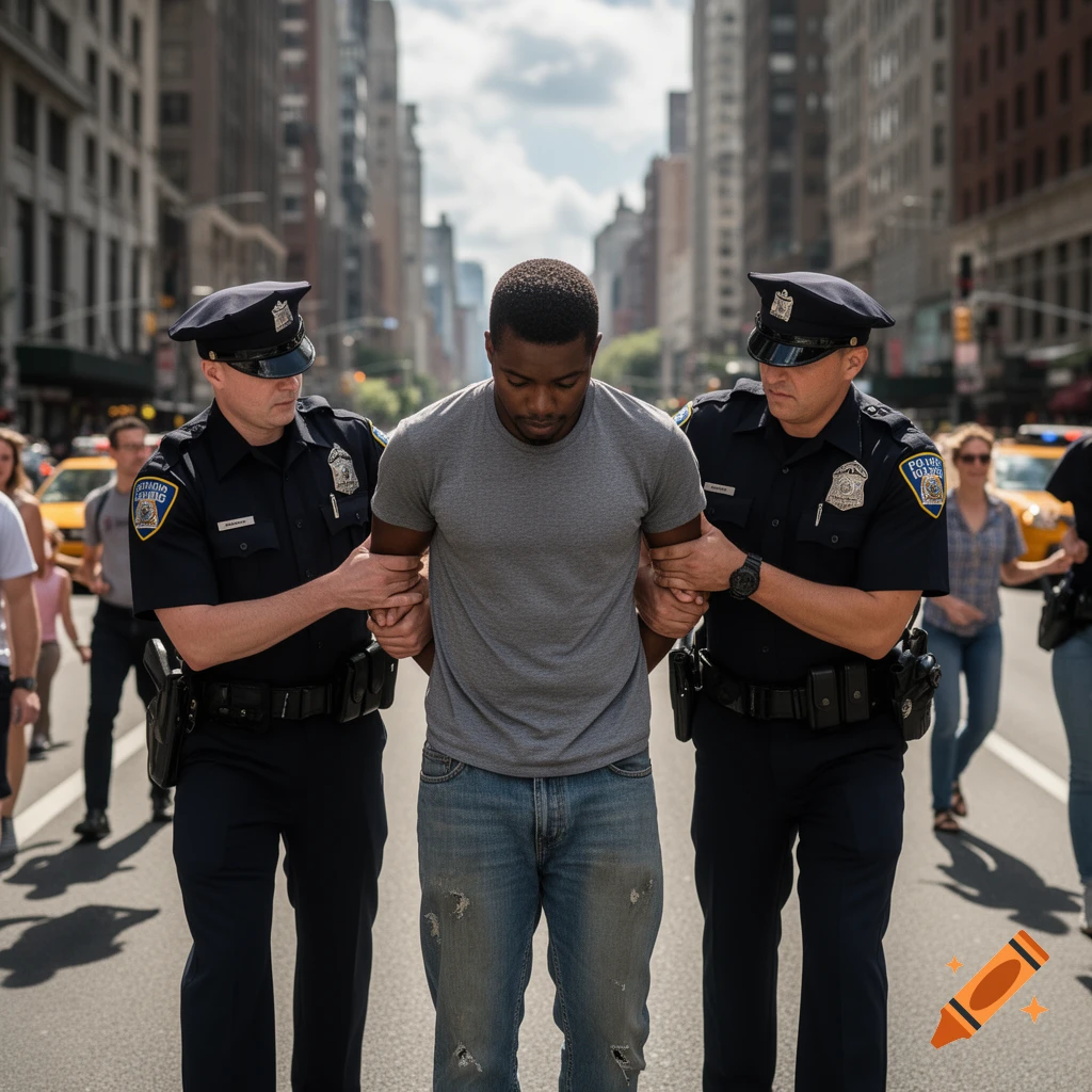 Two police officers in uniform arrest a Black man in a grey t-shirt and jeans on a city street, looking downcast. Yellow cabs are in the background.