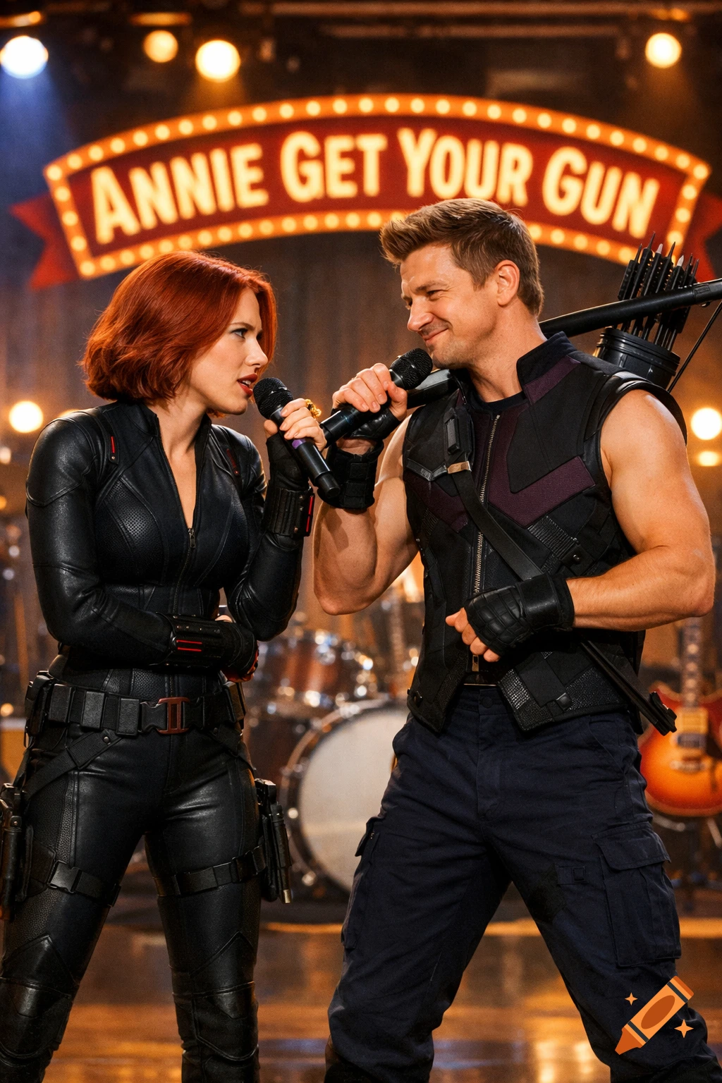 Black Widow and Hawkeye sing into microphones on a stage. A large sign above them reads "ANNIE GET YOUR GUN".