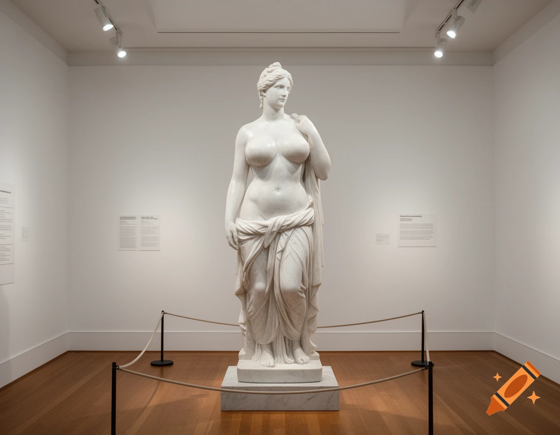 A white marble classical female statue, partially draped, with prominent breasts, stands in a brightly lit museum hall.