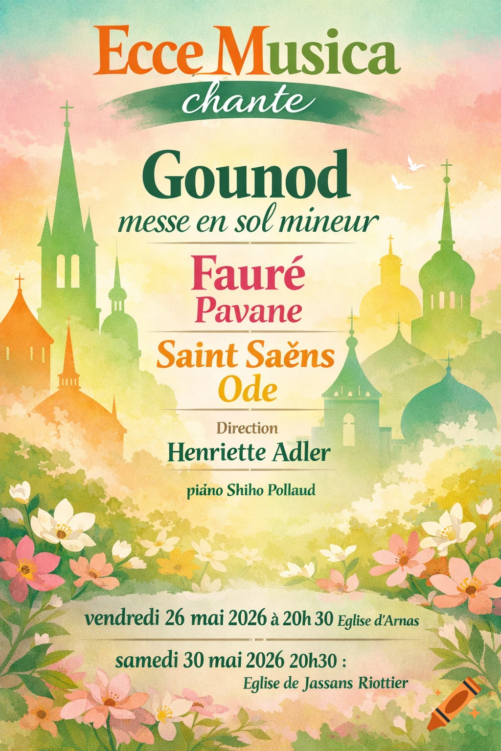 Spring-themed classical music concert poster with stylized churches, colorful text, and blooming flowers.