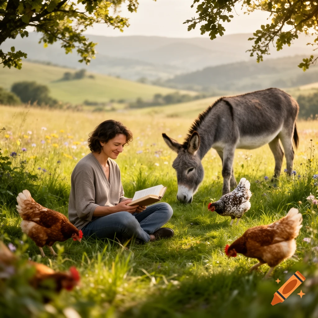 A woman sits cross-legged in a sunlit grassy field, reading a book. A donkey grazes nearby, and chickens peck at the ground around her. Rolling hills are in the background.
